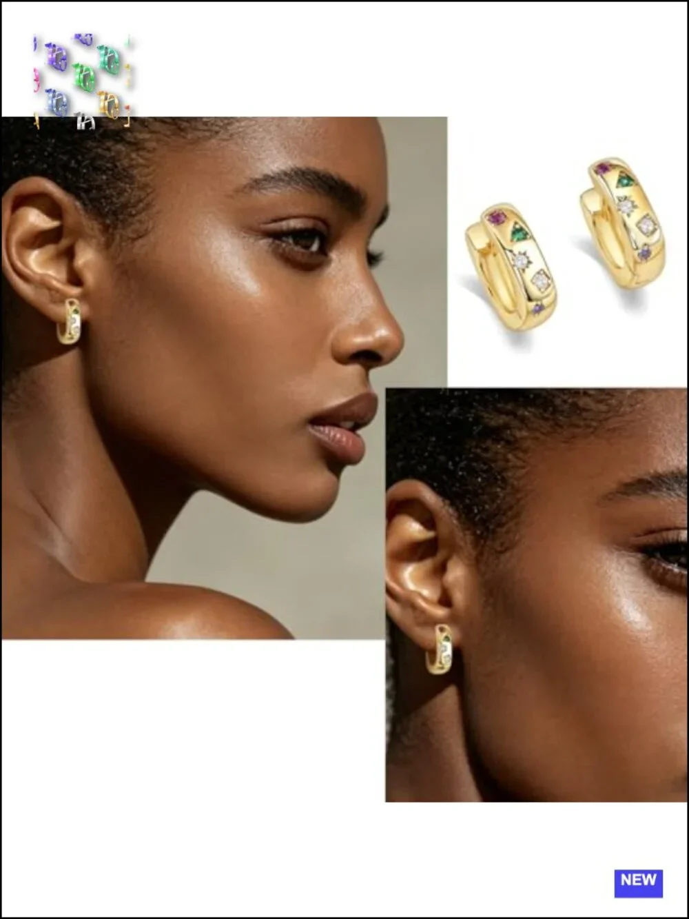14K Gold Plated Chunky Huggie Earrings Multi-Colored Cubic Zirconia Statement